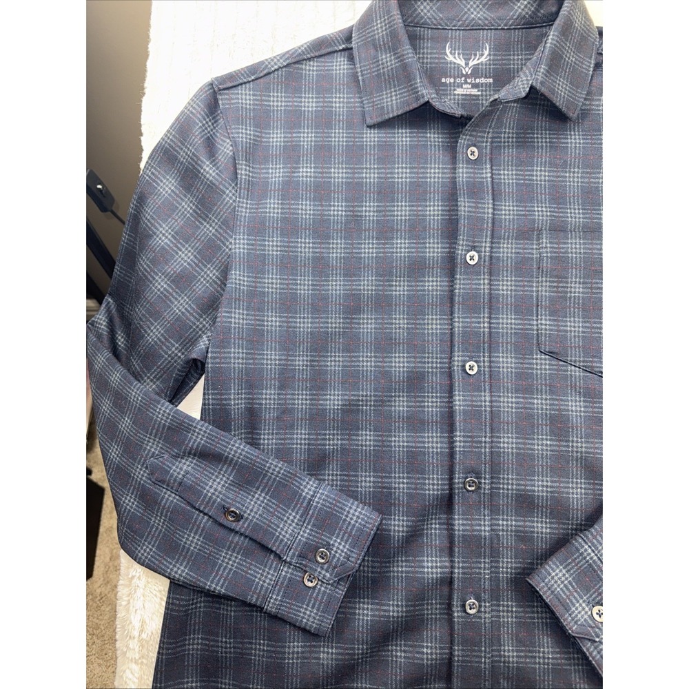 Age of Wisdom Flannel Shirt‎ Men Med Blue Plaid Flap Pocket Metal Button Shacket - Picture 3 of 12